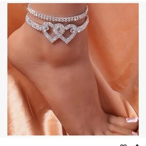 Heart Rhinestone Ankle Bracelets for Women Adjustable Silver Shiny Tennis Anklet